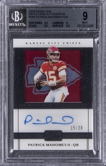 2019/20 Panini One "Matchless Autographs" #199 Patrick Mahomes Signed Card (#15/20) - BGS MINT 9/BGS 10 - Mahomes Jersey Number!